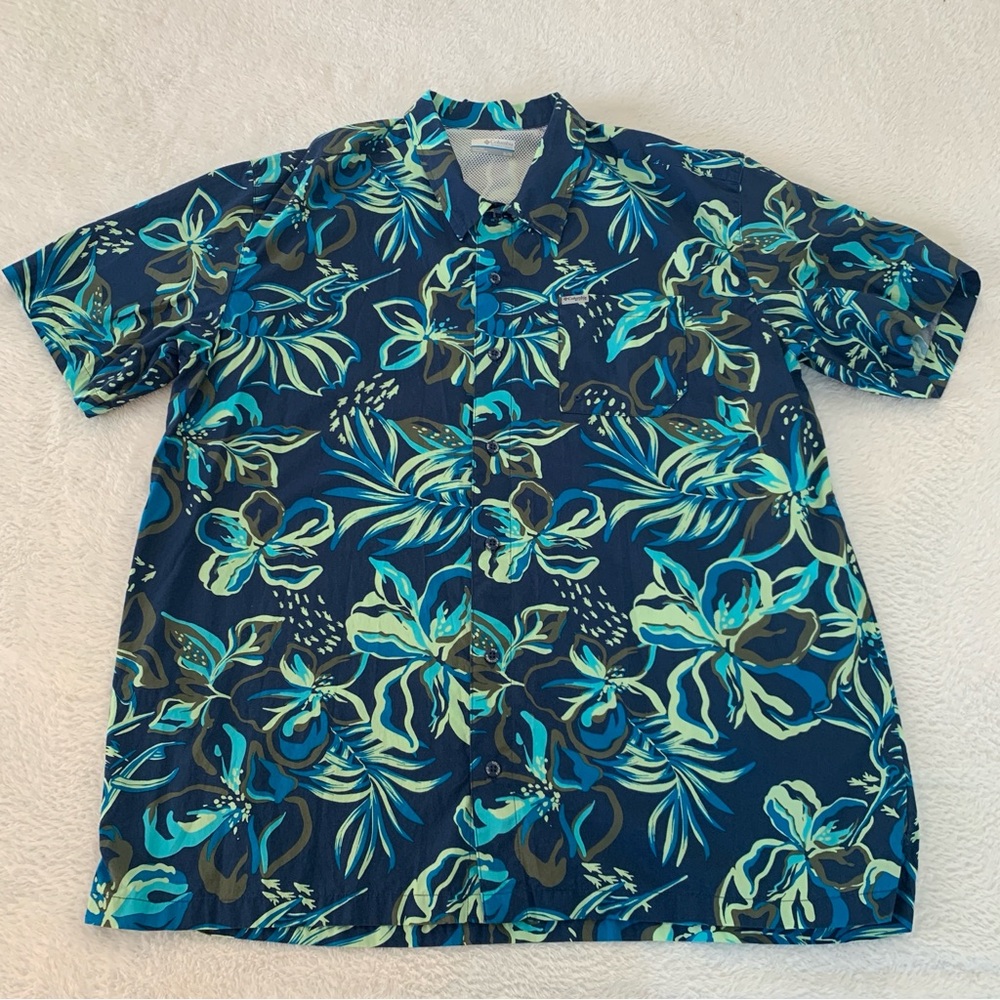 Men’s XL COLUMBIA PFG Navy Blue Green Hawaiian Floral Short Sleeve Button Up Top